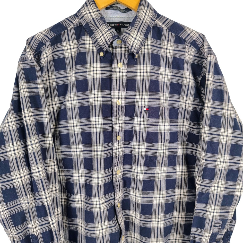 Tommy Hilfiger Mens L Plaid Button Down Shirt Blue White Cotton Preppy Old Money